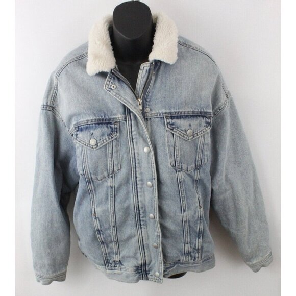 American Eagle Outfitters Women Jacket Boyfriend Trucker Lined Denim Blue Sz M - Picture 1 of 14